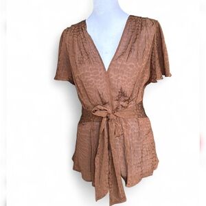 Max Studio Brown Textured Wrap Blouse Tie Waist Flutter Sleeve Boho Top